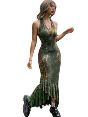 Green Tie Dye Maxi Dress Halter Neck bodycon